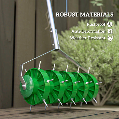 Outsunny Rolling Lawn Aerator, Manual Grass Spike Roller, Heavy Duty Garden Aerator with 3 Piece Detachable Handle and T-bar Grip, Outdoor Garden Lawn Tool, Dark Green 