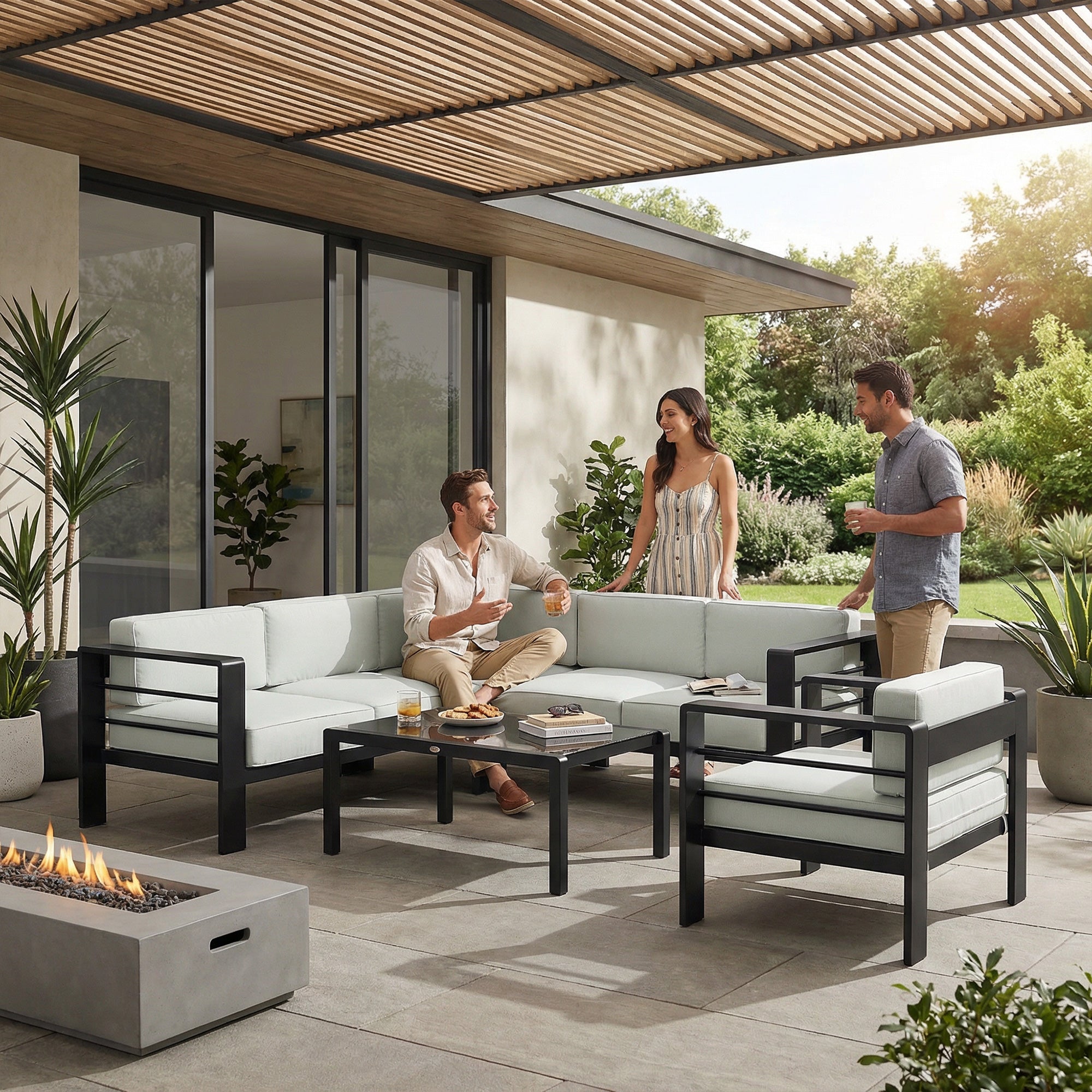 Outsunny 5-Piece Garden Corner Sofa Set with Cushions, 6 Seater Aluminium Garden Furniture Set with Coffee Table, Light Grey 
