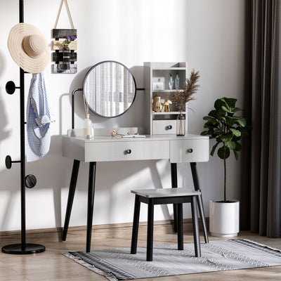 HOMCOM Dressing Table Set with Mirror and Stool, Vanity Makeup Table with 3 Drawers and Open Shelves for Bedroom, Living Room, Grey 