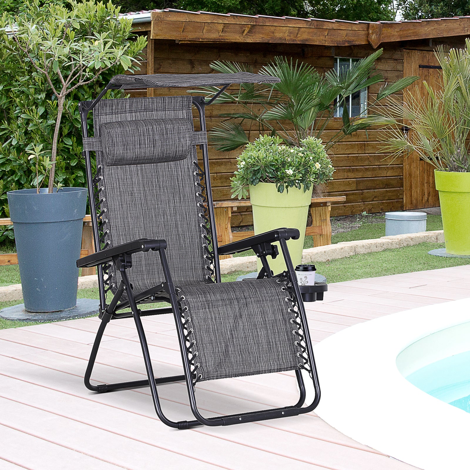 Outsunny Foldable Reclining Garden Chair with Headrest, Zero Gravity Deck Sun Lounger Seat Chair with Footrest, Armrest, Cup Holder & Canopy Shade, Grey 