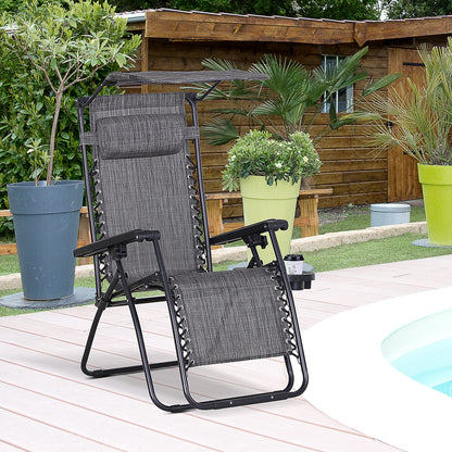 Outsunny Foldable Reclining Garden Chair with Headrest, Zero Gravity Deck Sun Lounger Seat Chair with Footrest, Armrest, Cup Holder & Canopy Shade, Grey 