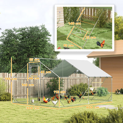 PawHut Walk in Chicken Run w/ Cover, Feeding Door, Hanging Feeder, Perch, for 12-18 Poultry 