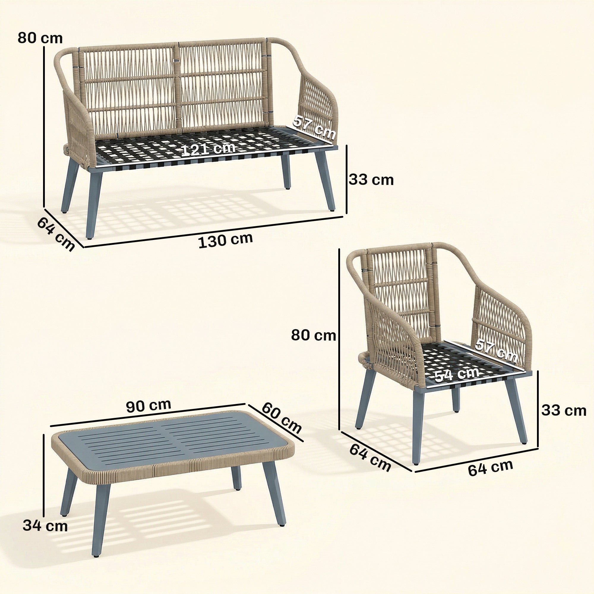 Outsunny 4 Piece Rattan Garden Furniture Set with Loveseat, Armchairs, Wood Table, Wicker Patio Conversation Set, Grey 