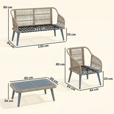Outsunny 4 Piece Rattan Garden Furniture Set with Loveseat, Armchairs, Wood Table, Wicker Patio Conversation Set, Grey 