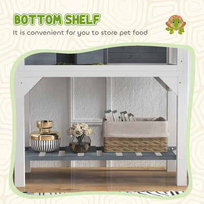 PawHut Wooden Tortoise House with Storage Shelf, Clear Observation Windows, Lamp Holder, Openable Top, Built-in Tray, Grey 