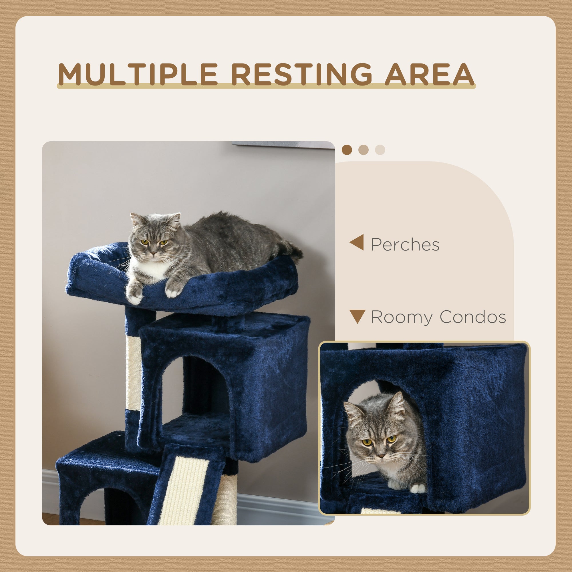 PawHut Sisal Cat Rest & Play Activity Tree w/ 2 House Navy Blue 