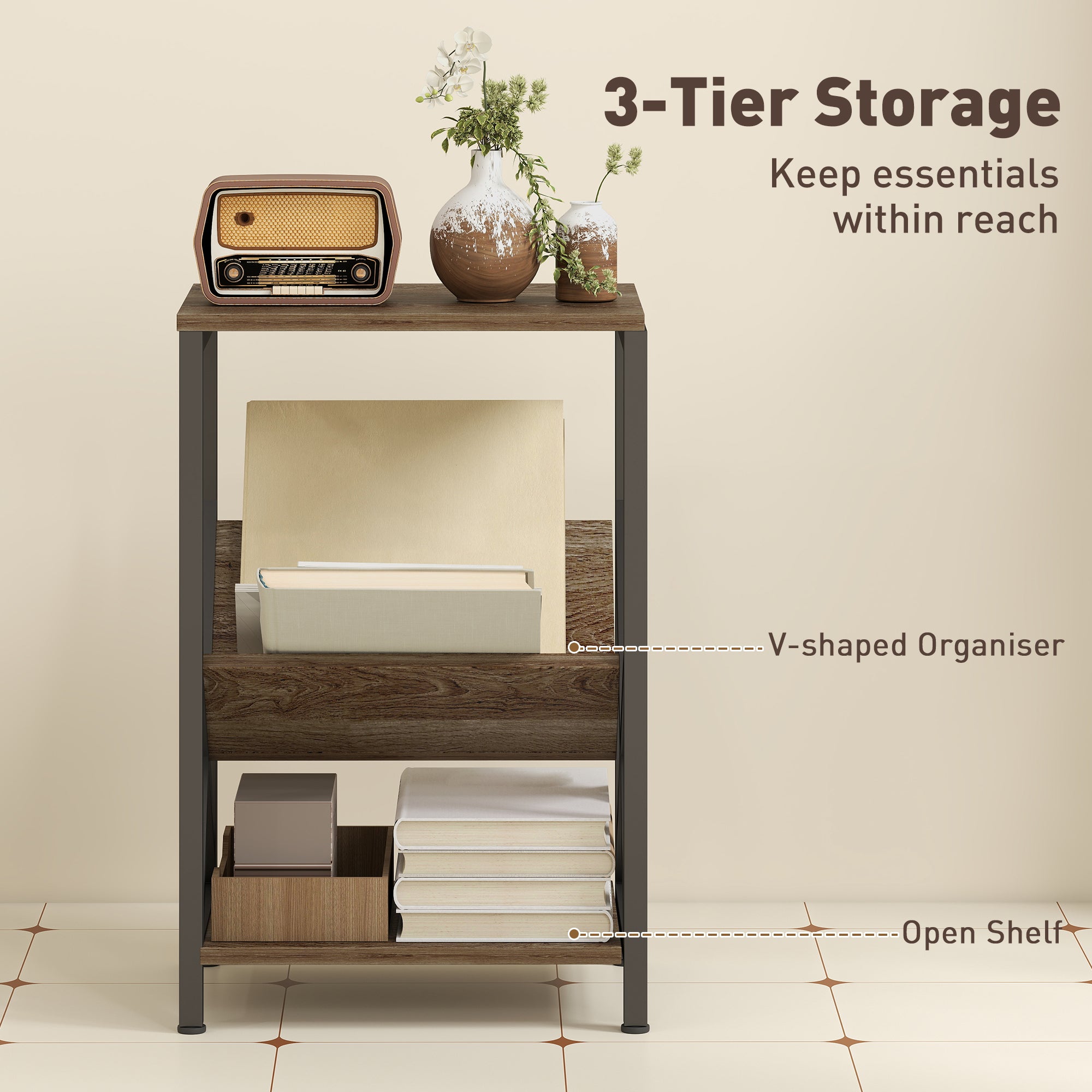 HOMCOM Narrow Side Table, End Table with 3-Tier Storage, V-Shaped Magazine Holder for Living Room, Bedroom, 40 x 30 x 61cm, Oak 