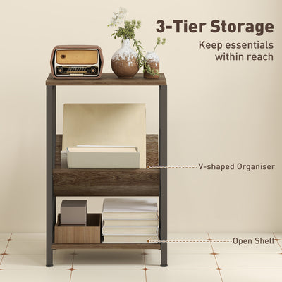 HOMCOM Narrow Side Table, End Table with 3-Tier Storage, V-Shaped Magazine Holder for Living Room, Bedroom, 40 x 30 x 61cm, Oak 