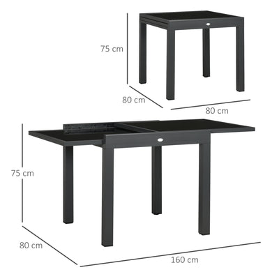 Outsunny Extending Garden Table, Outdoor Dining Table with Aluminium Frame and Tempered Glass Tabletop, 80/160 x 80 x 75 cm, Black 