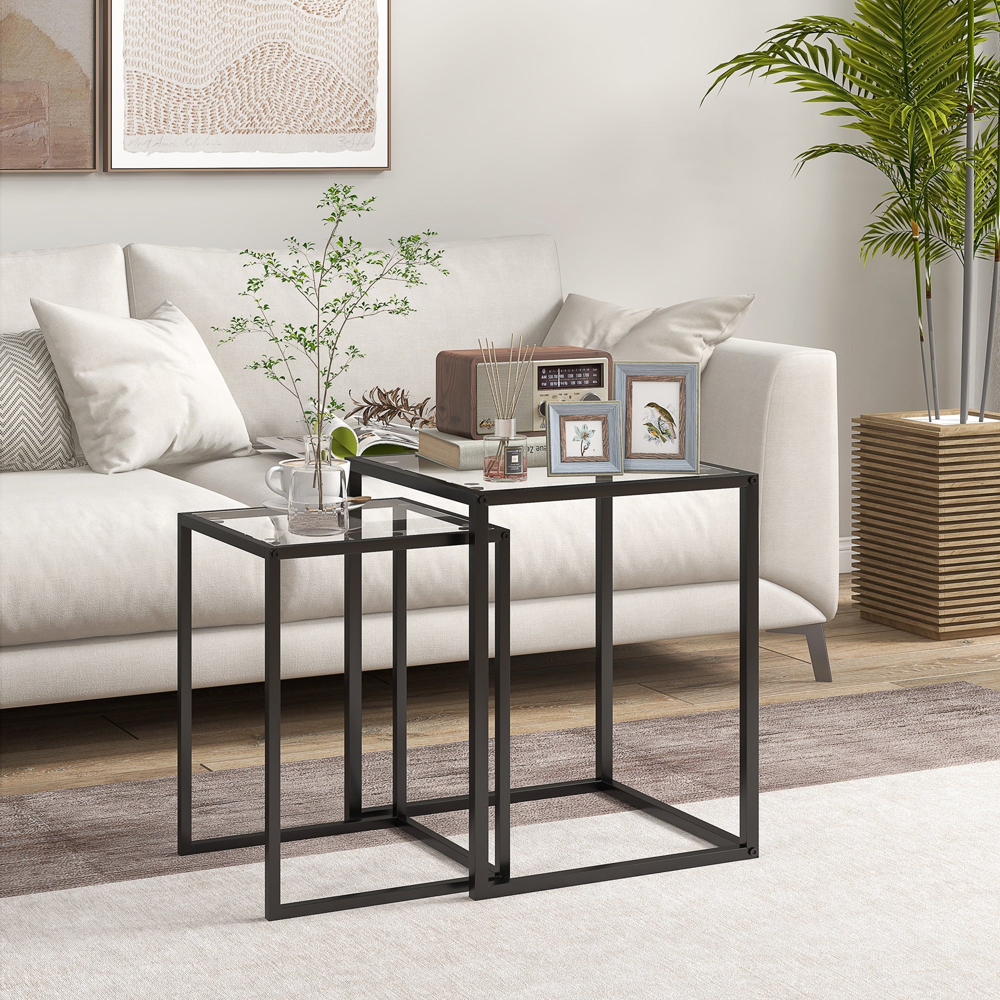HOMCOM Nesting Tables Set of 2, Side End Table with Tempered Glass Top and Steel Frame for Living Room, Bedroom, Black 