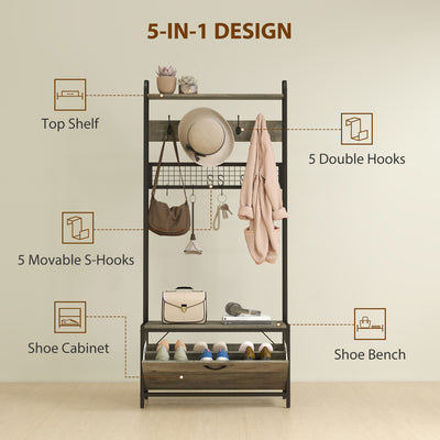 HOMCOM 5-In-1 Industrial-Style Hallway Tree - Grey/Black 