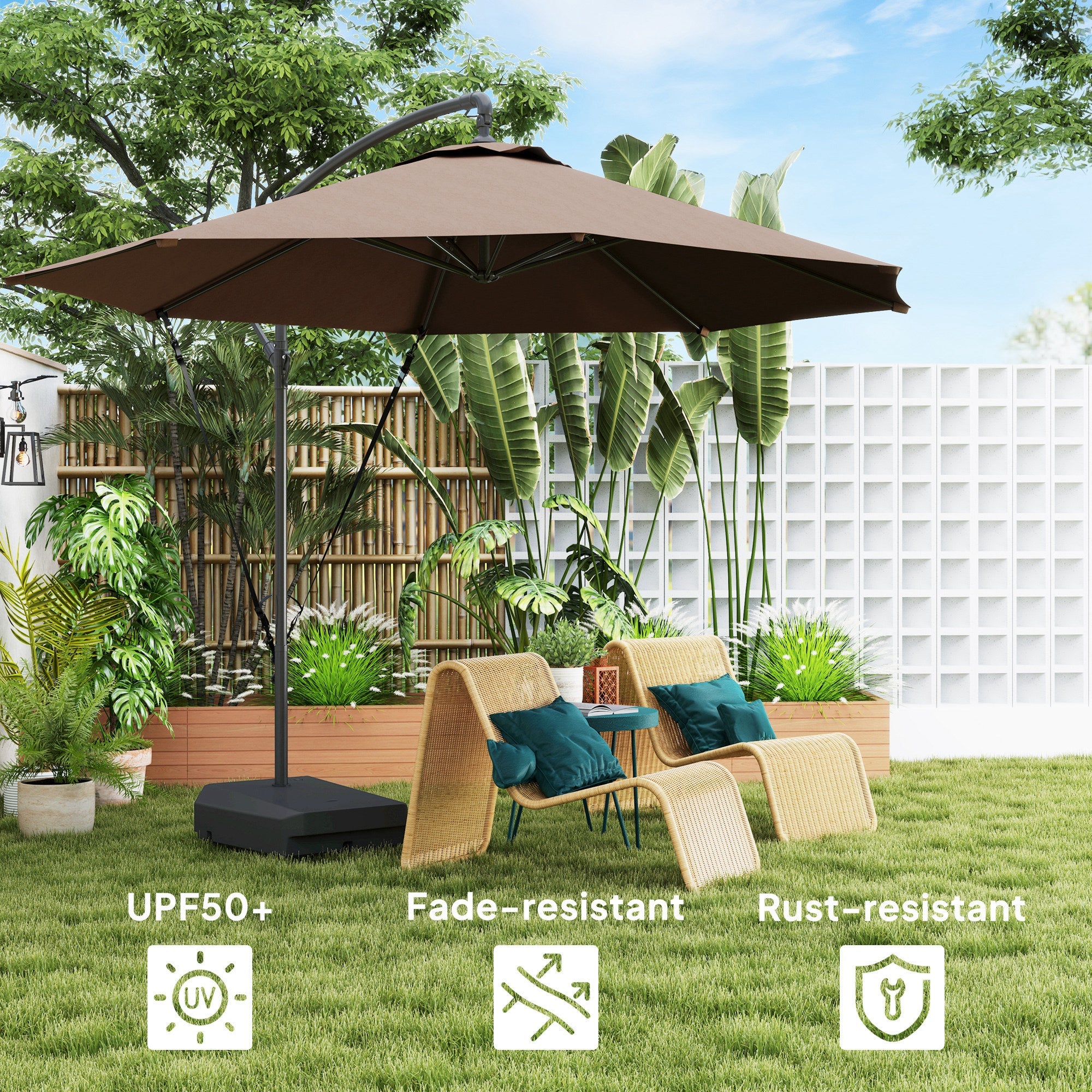 Outsunny 3(m) Garden Cantilever Parasol with Fillable Base, Wind Protection Strap, Cover, Round Banana Hanging Umbrella with Crank Handle and Tilt, Patio Umbrella for Outdoor Sun Shade, UPF50+, Brown 