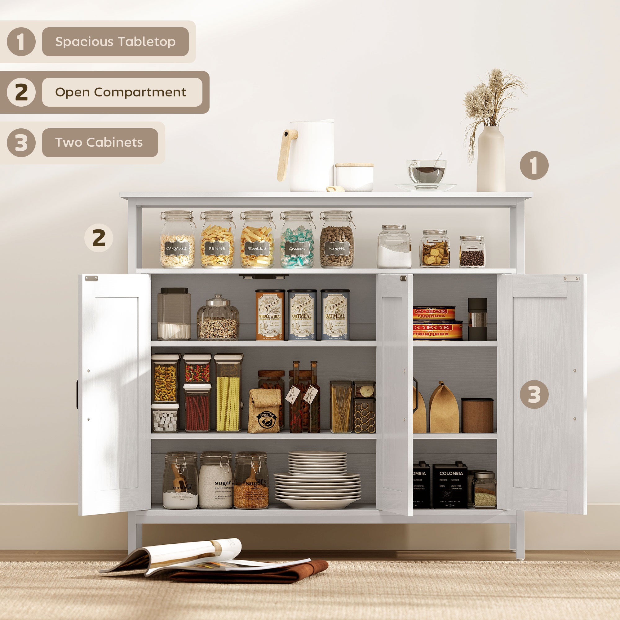 HOMCOM Industrial Kitchen Sideboard with Open Shelf, 2 Cabinets, Adjustable Shelves for Living Room, Dining Room, White 