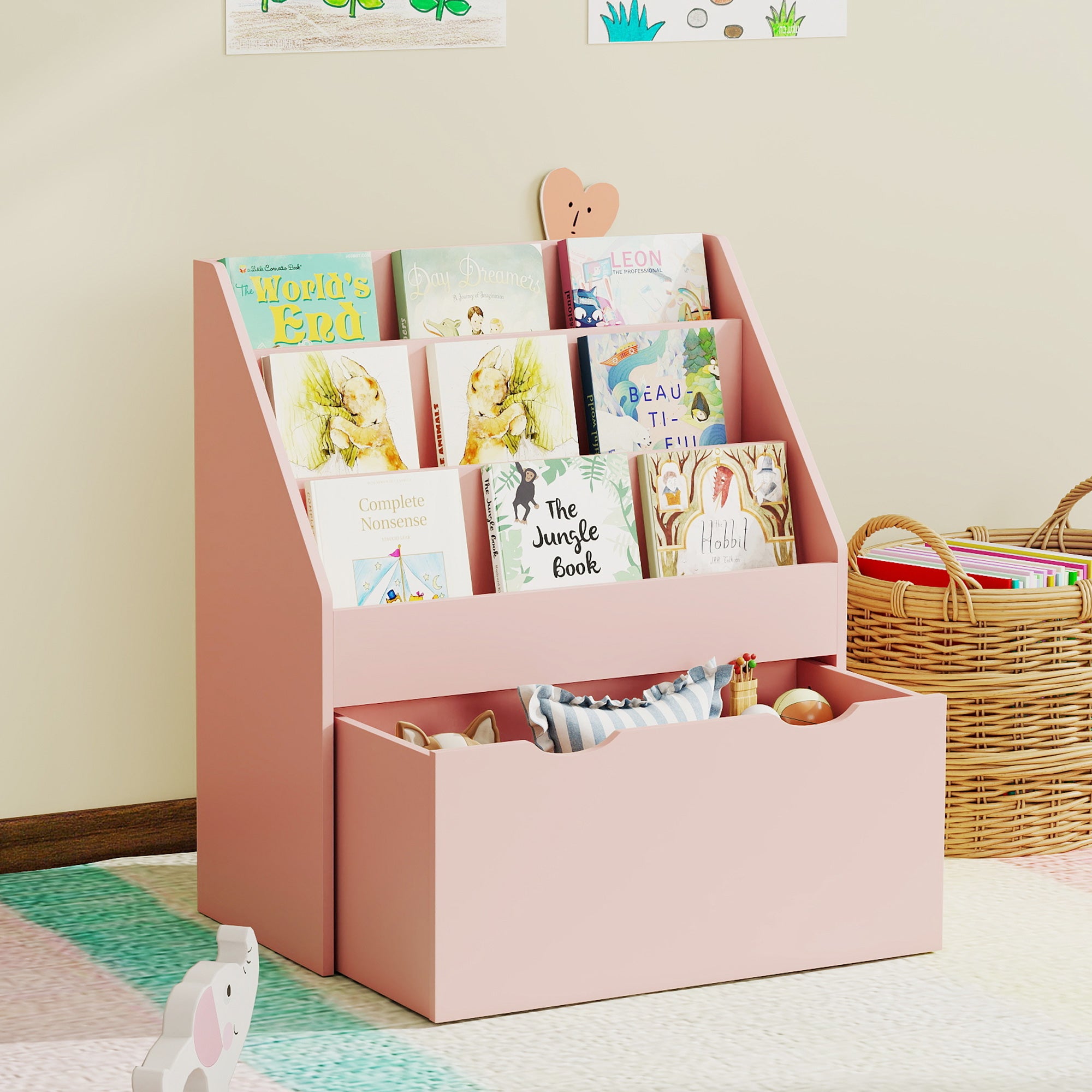AIYAPLAY Bookcase for Kids with Shelves, Drawer, Bookcase for Bedroom, Playroom, Pink 