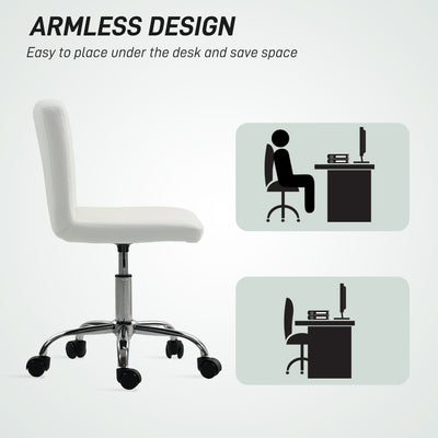 HOMCOM PU Leather Armless Office Chair, Modern Vanity Computer Swivel Chair with Rolling Wheels and Adjustable Height for Home Study, Bedroom, White 