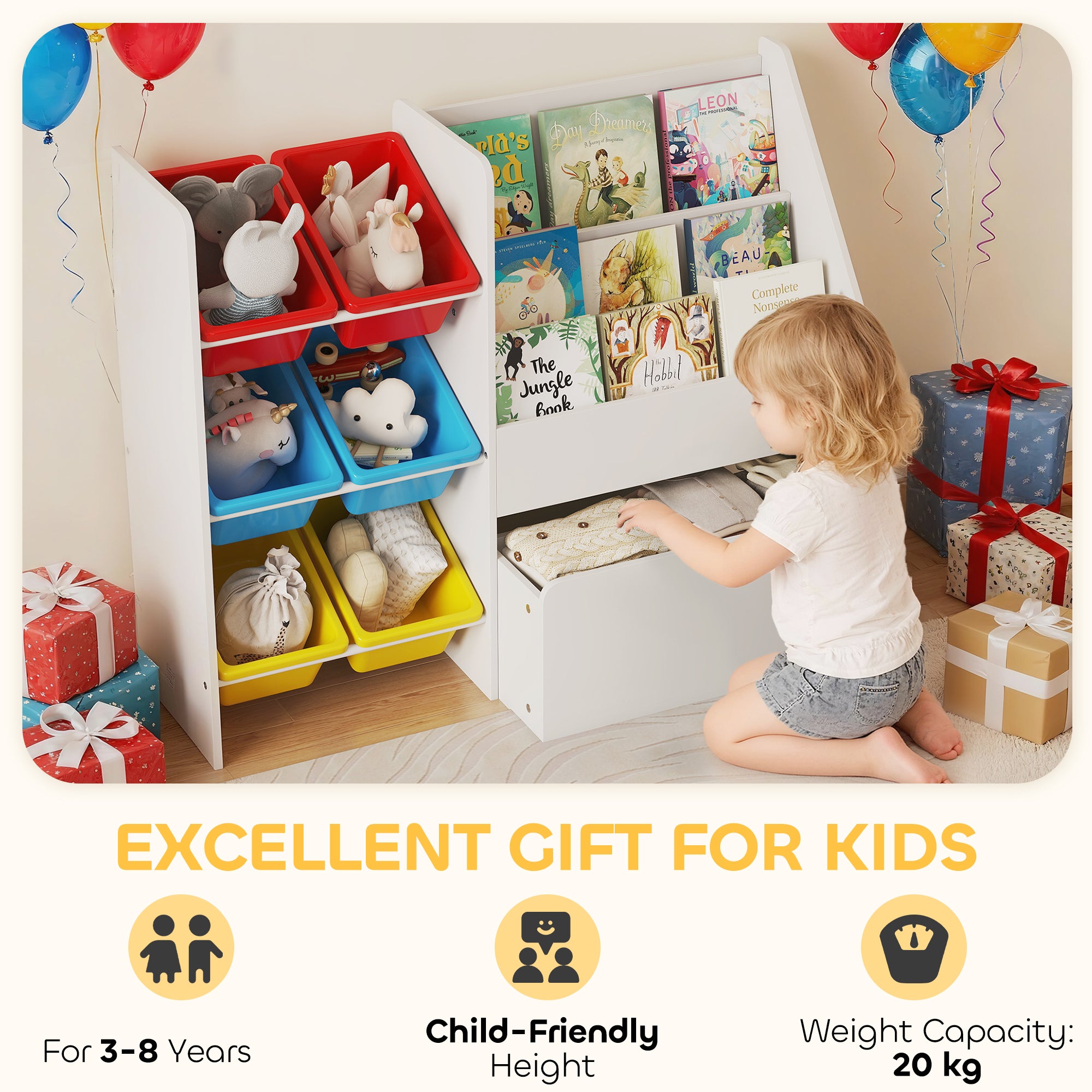 AIYAPLAY Toy Storage Unit, 3-Tier Toy Organiser Shelf with 6 Removable Storage Bins for Bedroom, Nursery, Multicoloured 