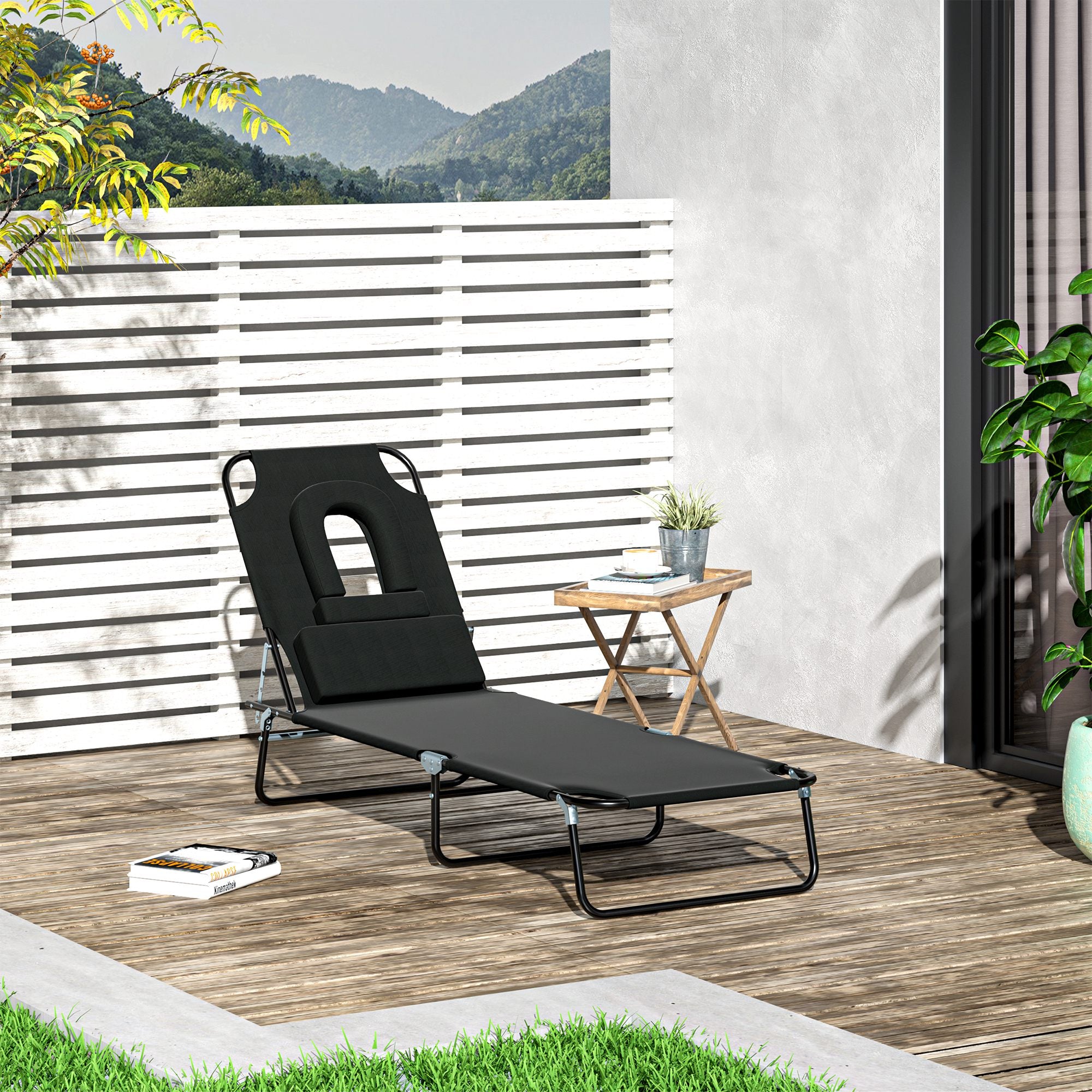 Outsunny Outdoor Foldable Sun Lounger, 4 Level Adjustable Backrest Reclining Sun Lounger Chair with Pillow and Reading Hole, Black 