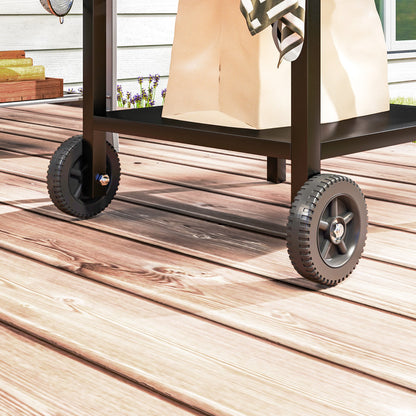 Outsunny BBQ Trolley with Stainless Steel Top and Foldable Side Table, Outdoor Kitchen BBQ Station with Hooks and Shelf, Pizza Oven Table Movable Outdoor Grill Dining Cart with Cover, Black 