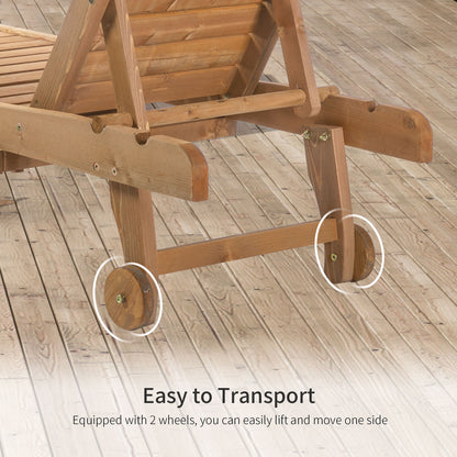 Outsunny Outdoor Wooden Lounger Chair, Sun Bed with Built-In Table, Adjustable Backrest and Wheels, Red Brown