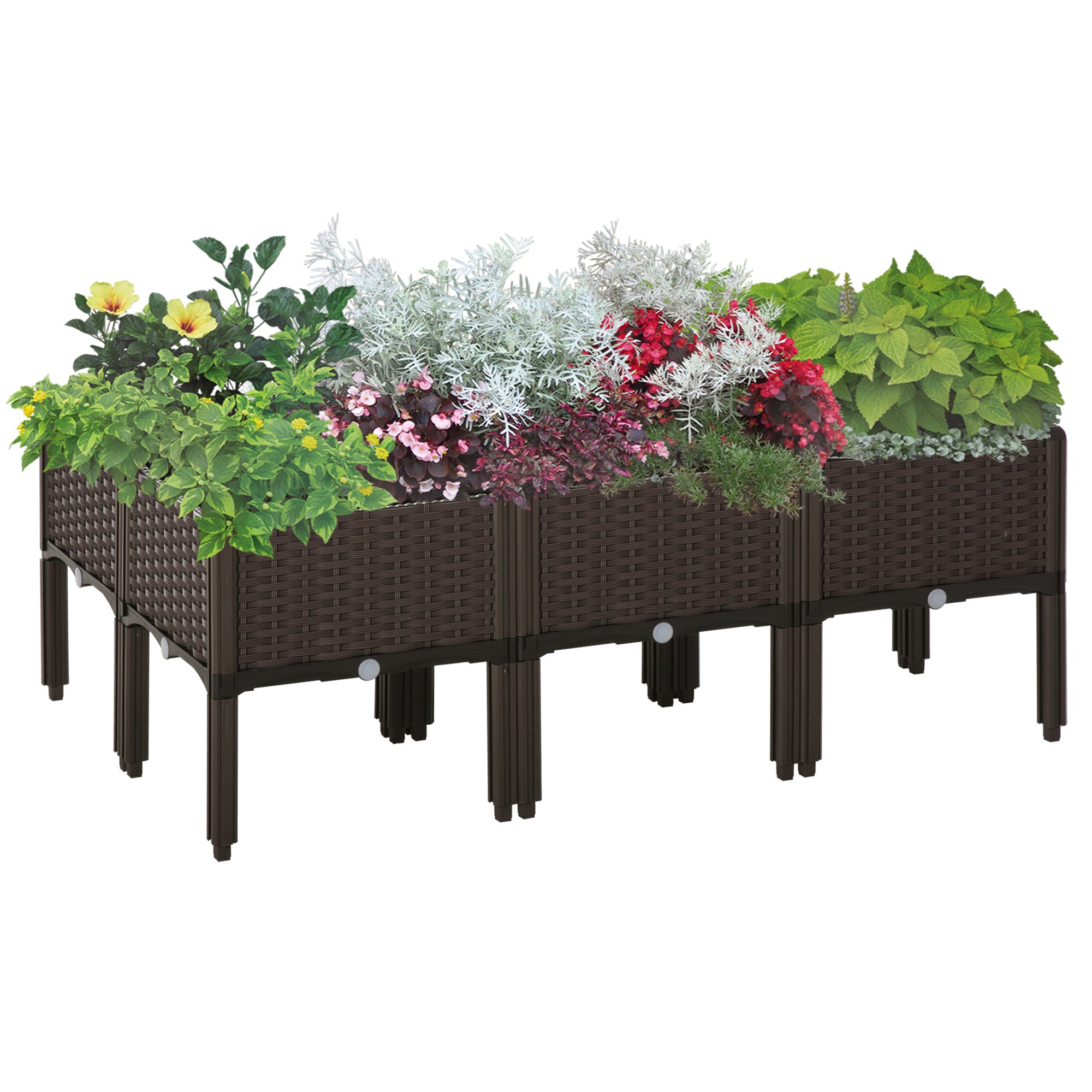 Outsunny Set of 6 26L Garden Raised Bed Elevated Patio Flower Plant Planter Box PP Vegetables Planting Container, Brown 