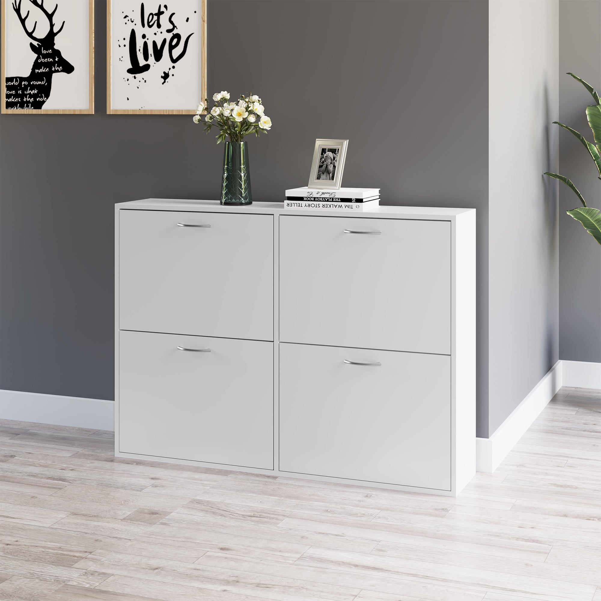 HOMCOM Wooden Modern Design 4 Drawer Shoes Cabinet Pull Down Shelf Storage Organiser - White 