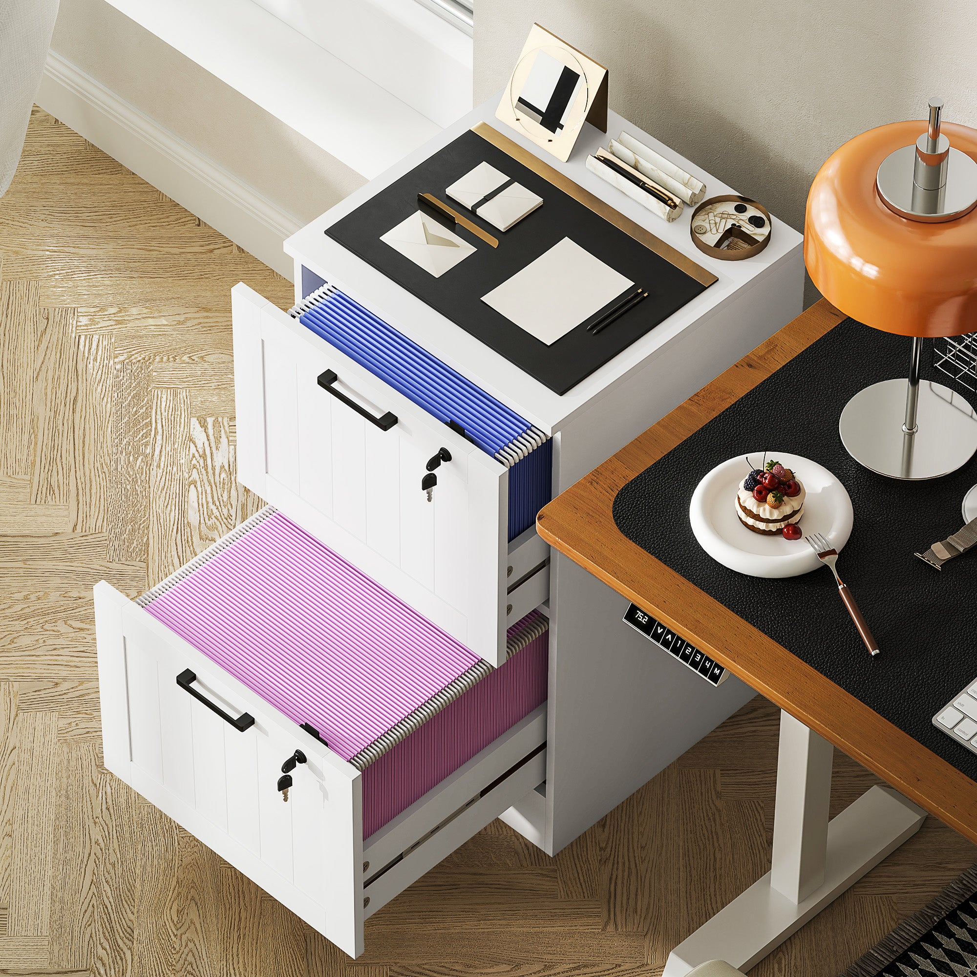 HOMCOM 2 Drawer Filing Cabinet with Lock, Office Storage Cabinet with Adjustable Hanging Bars for A4 Letter Size Files, White 