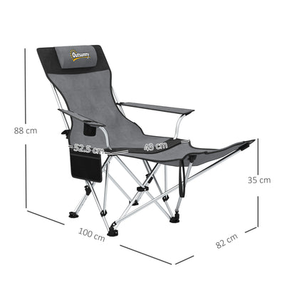 Outsunny Set of 2 Reclining Folding Camping Chair w/ Detachable Footrest, Storage Bag, Cup Holder & Headrest, Lightweight Portable Camp Chair for Beach, Picnic, Grey and Black 