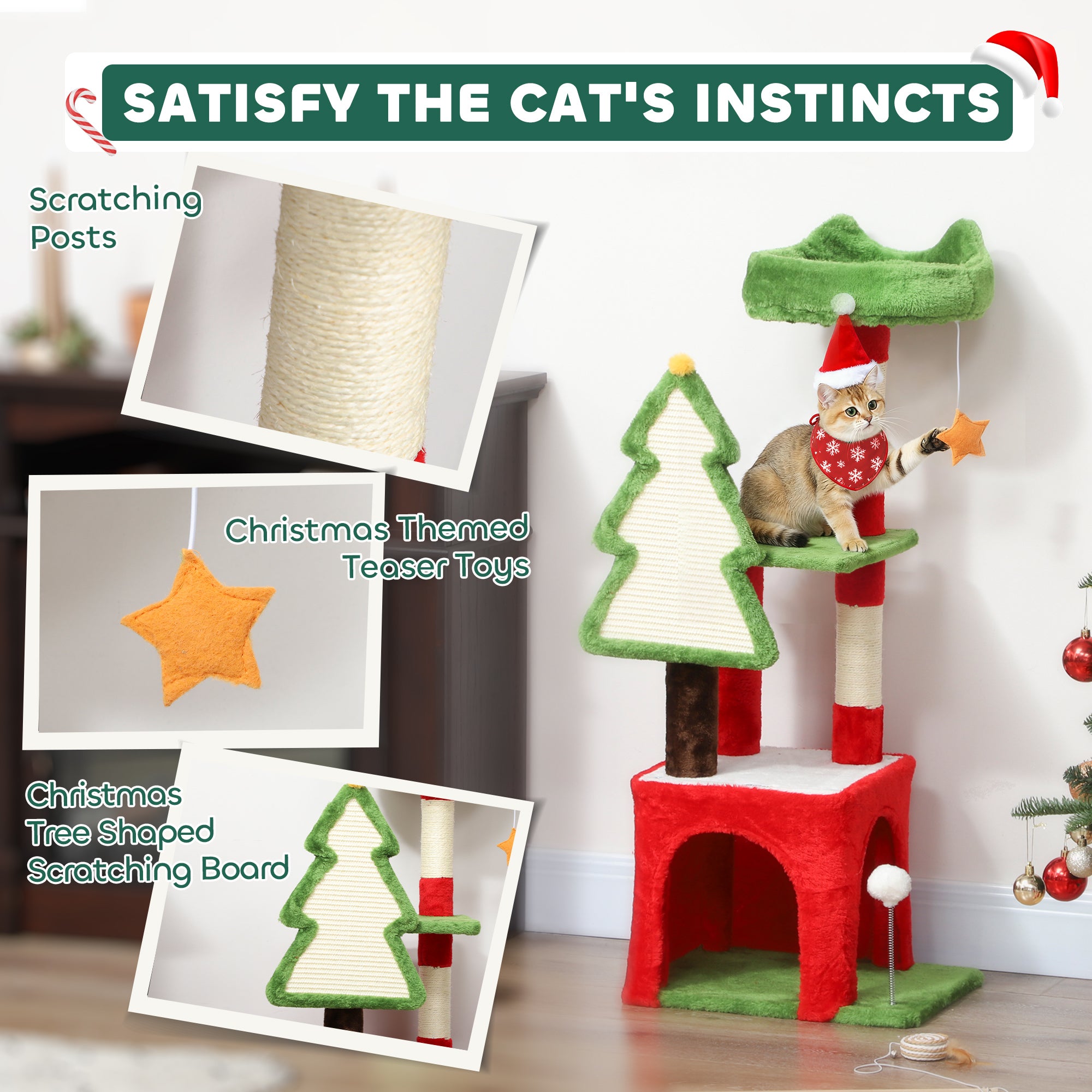 PawHut Christmas Cat Tree, 120cm Cat Tower with Scratching Post & Board, Platform, Toys, Green 