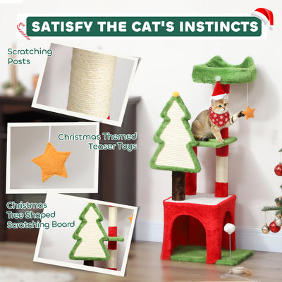 PawHut Christmas Cat Tree, 120cm Cat Tower with Scratching Post & Board, Platform, Toys, Green 