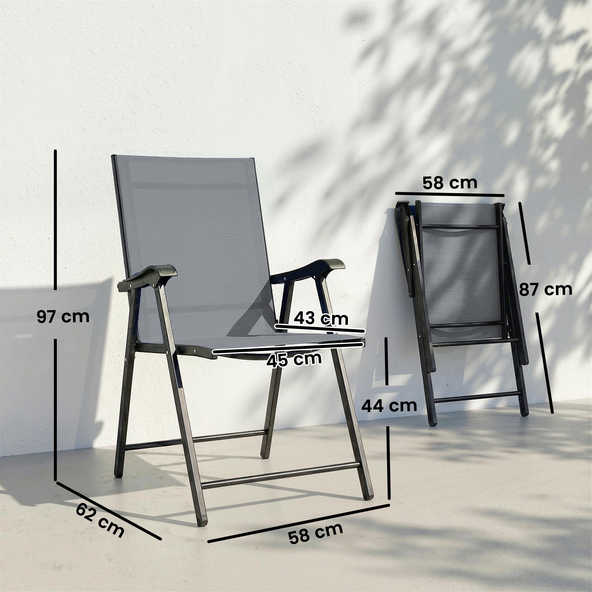 Outsunny Folding Garden Chairs Set of 4, Foldable Garden Dining Chairs with High Back, Armrests, Texteline Seat, Light Grey 
