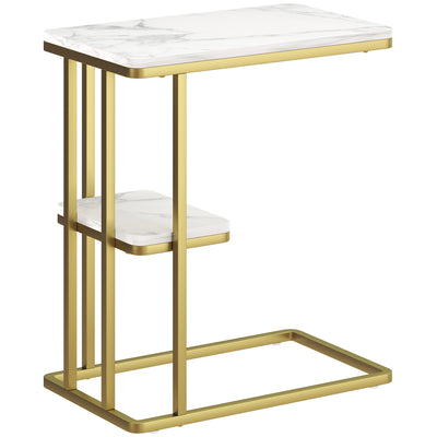 HOMCOM C-Shaped Narrow Side Table, 2-Tier Slim End Table, Nightstand for Small Spaces, Living Room, Bedroom, White Marble Grain 