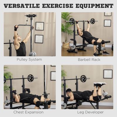 HOMCOM Adjustable Weight Bench with Pulley System, Incline Bench Press Set with Squat Rack, Leg Developer, Butterfly and Weight Storage, for Home Gym Full Body Workout 