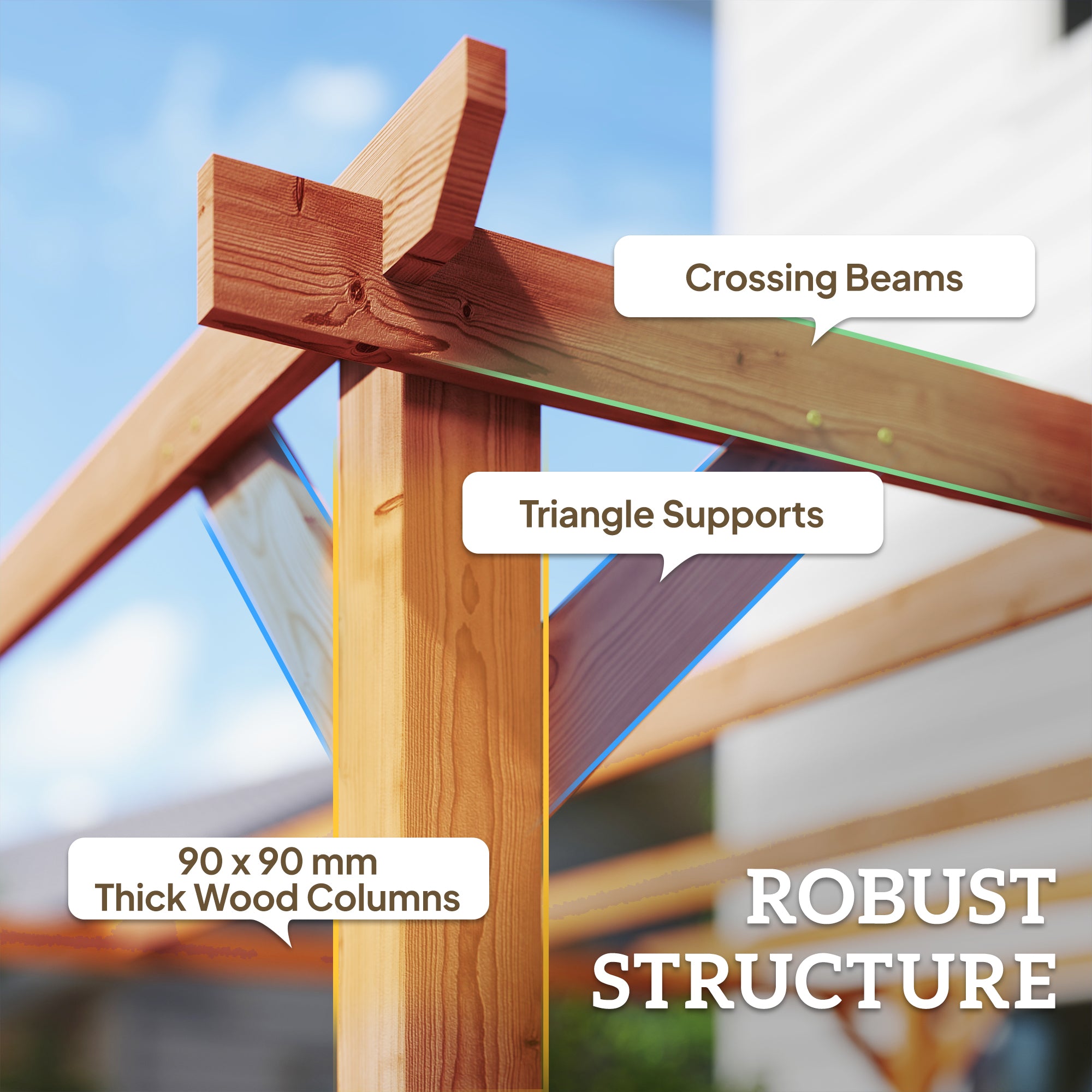 Outsunny 3 x 3 m Wooden Pergola Kit, Garden Pergola Gazebo Grape Trellis with Triangle Supports, 5 Beams, Maple Wood-effect 
