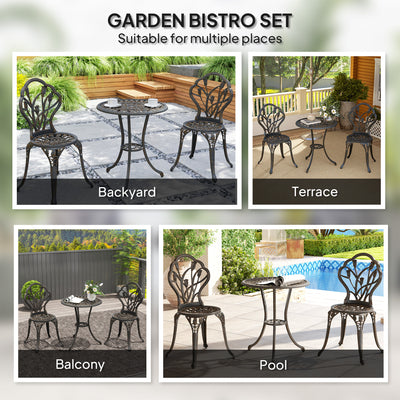 Outsunny 3 Piece Patio Bistro Set for 2, Outdoor Aluminium Garden Table and Chairs with Umbrella Hole for Balcony, Bronze Tone 