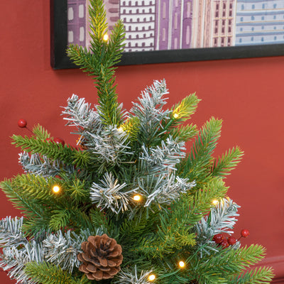 HOMCOM Set of Two 2ft Christmas Trees, with Lights, Berries and Pinecones 