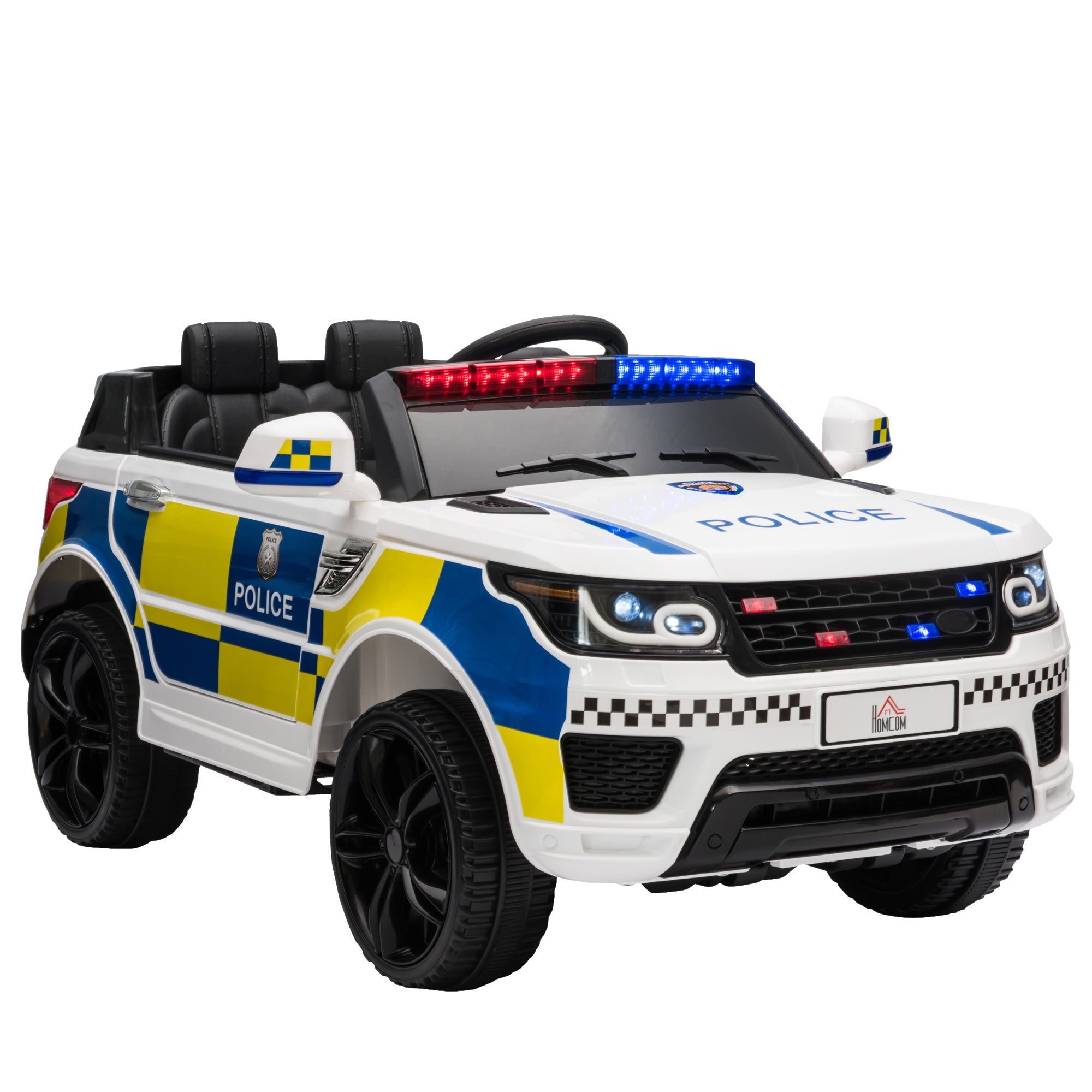 HOMCOM 12V Kids Electric Ride On Police Car 2 Motors with Parental Remote Control Siren Flashing Lights USB Portable for 3-6 Years White 