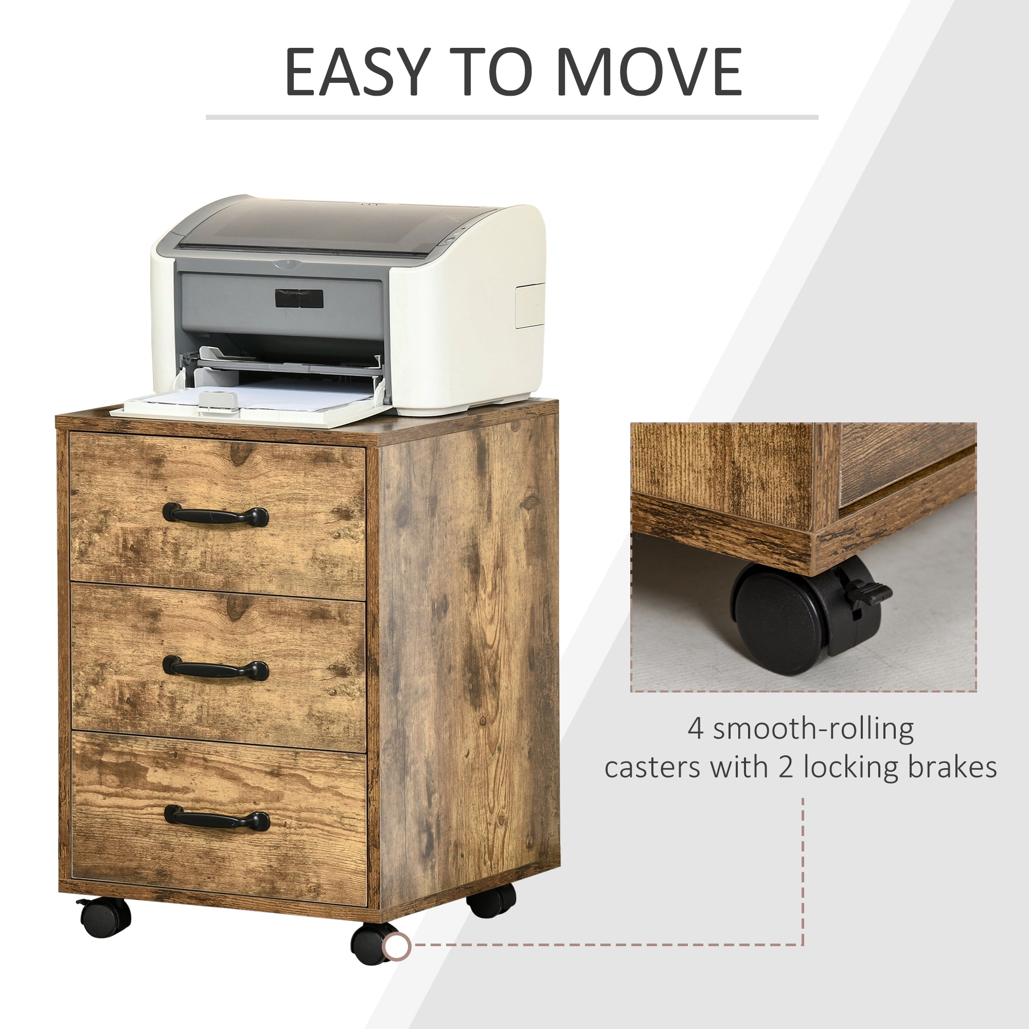 HOMCOM 3 Drawer File Cabinet, Mobile Filing Cabinet on Wheels for Home Office, Study, Rustic Brown 