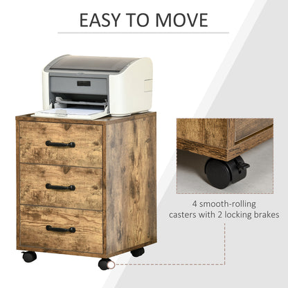 HOMCOM 3 Drawer File Cabinet, Mobile Filing Cabinet on Wheels for Home Office, Study, Rustic Brown 