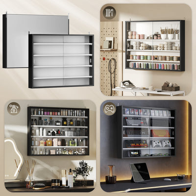 HOMCOM 5-Tier Wall Display Cabinet,  Wall Mounted Display Case w/ 4 Adjustable Shelves, Glass Doors, 60x80cm, Black and White 
