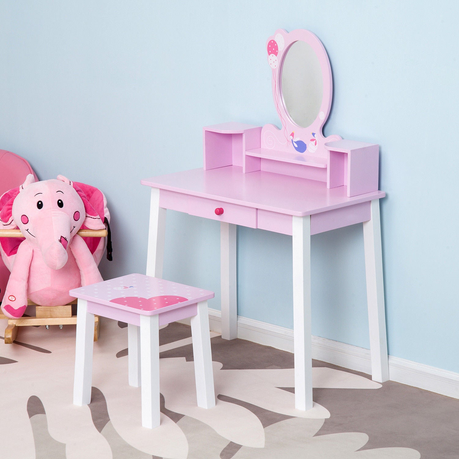 HOMCOM Kids Wooden Dressing Table and Stool Make Up Desk (Pink) 