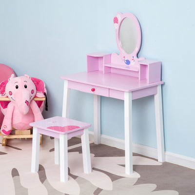 HOMCOM Kids Wooden Dressing Table and Stool Make Up Desk (Pink) 