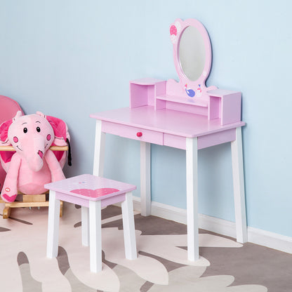 HOMCOM Kids Wooden Dressing Table and Stool Make Up Desk (Pink) 