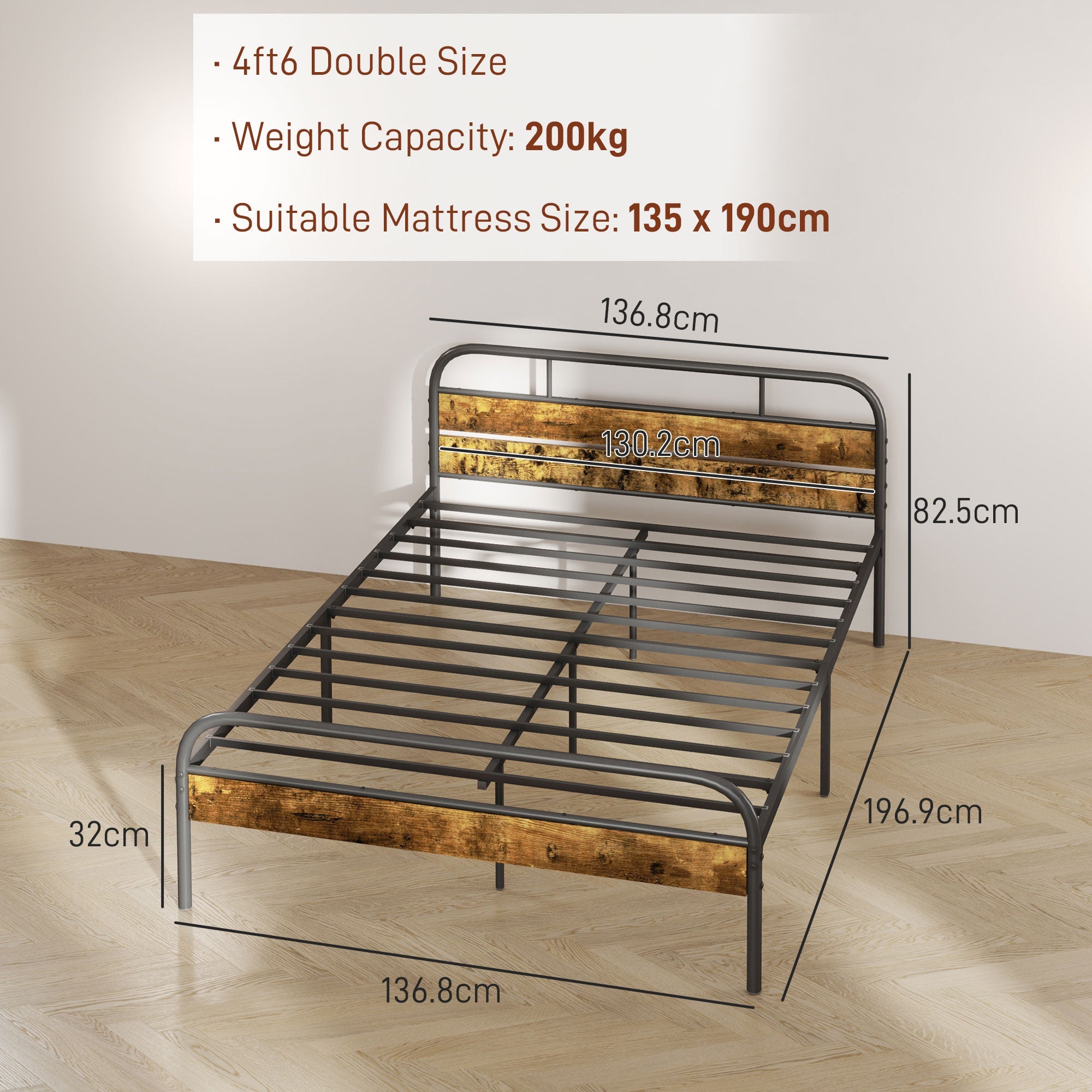 HOMCOM Industrial-Style Double Bed Frame - Black/Brown 