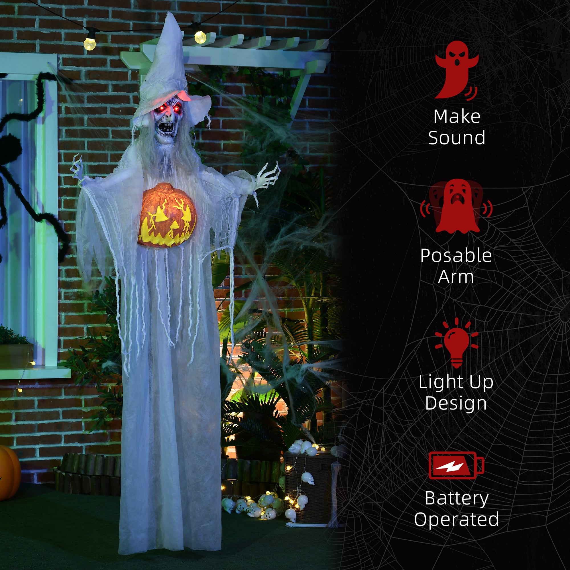 HOMCOM 6ft Outdoor Halloween Decoration Witch with Pumpkin, Standing Skeleton Witch Prop Life Size with Sound and Motion Activated, Light Up Eyes, Laughing Sound, Posable Arms, White 