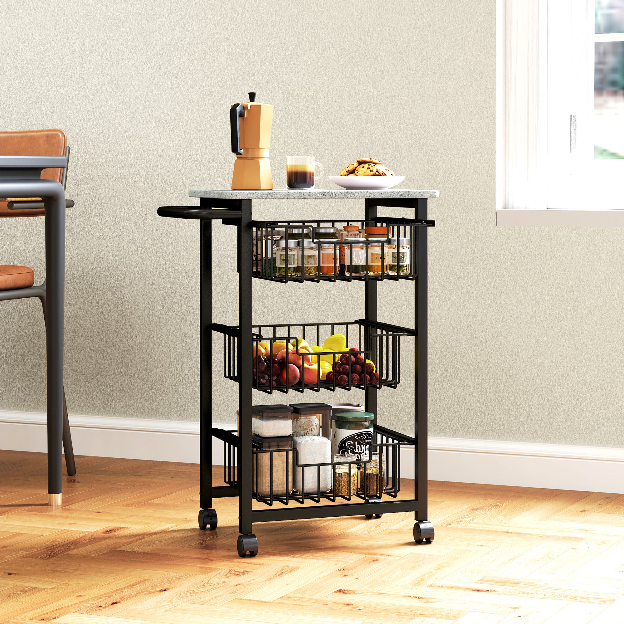 HOMCOM Three Basket Mobile Kitchen Island, with Brakes - Grey/Black