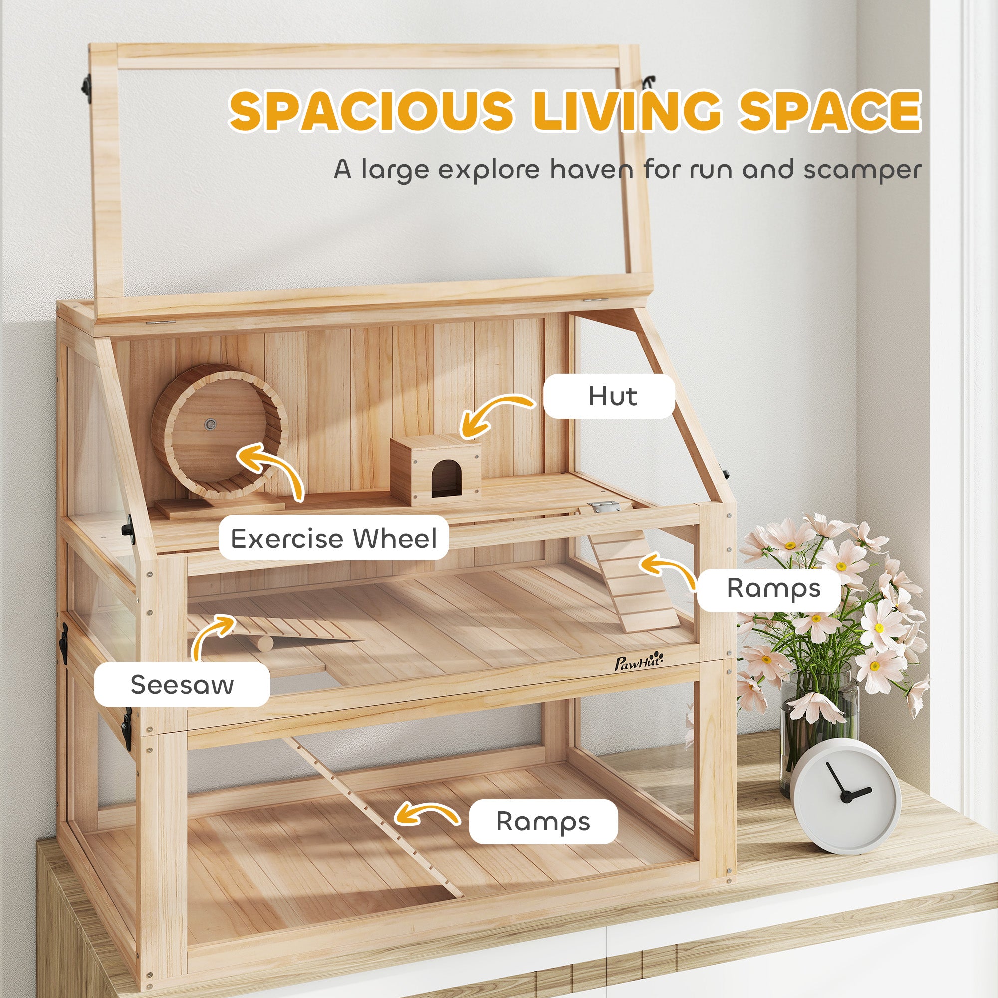 PawHut Wooden Hamster Cage with Detachable 31cm Deep Bottom, Hut, Seesaw, Exercise Wheel, Ramp, 80 x 50 x 76cm, Natural 