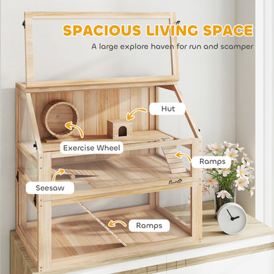 PawHut Wooden Hamster Cage with Detachable 31cm Deep Bottom, Hut, Seesaw, Exercise Wheel, Ramp, 80 x 50 x 76cm, Natural 