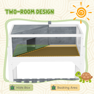 PawHut Wooden Tortoise House with Storage Shelf, Clear Observation Windows, Lamp Holder, Openable Top, Built-in Tray, Grey 