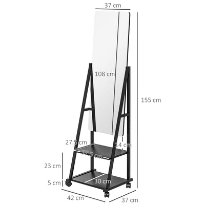 HOMCOM Free Standing Dressing Mirror, Rolling Full Length Mirror on Wheels with Adjustable Angle, Storage Shelves for Bedroom 