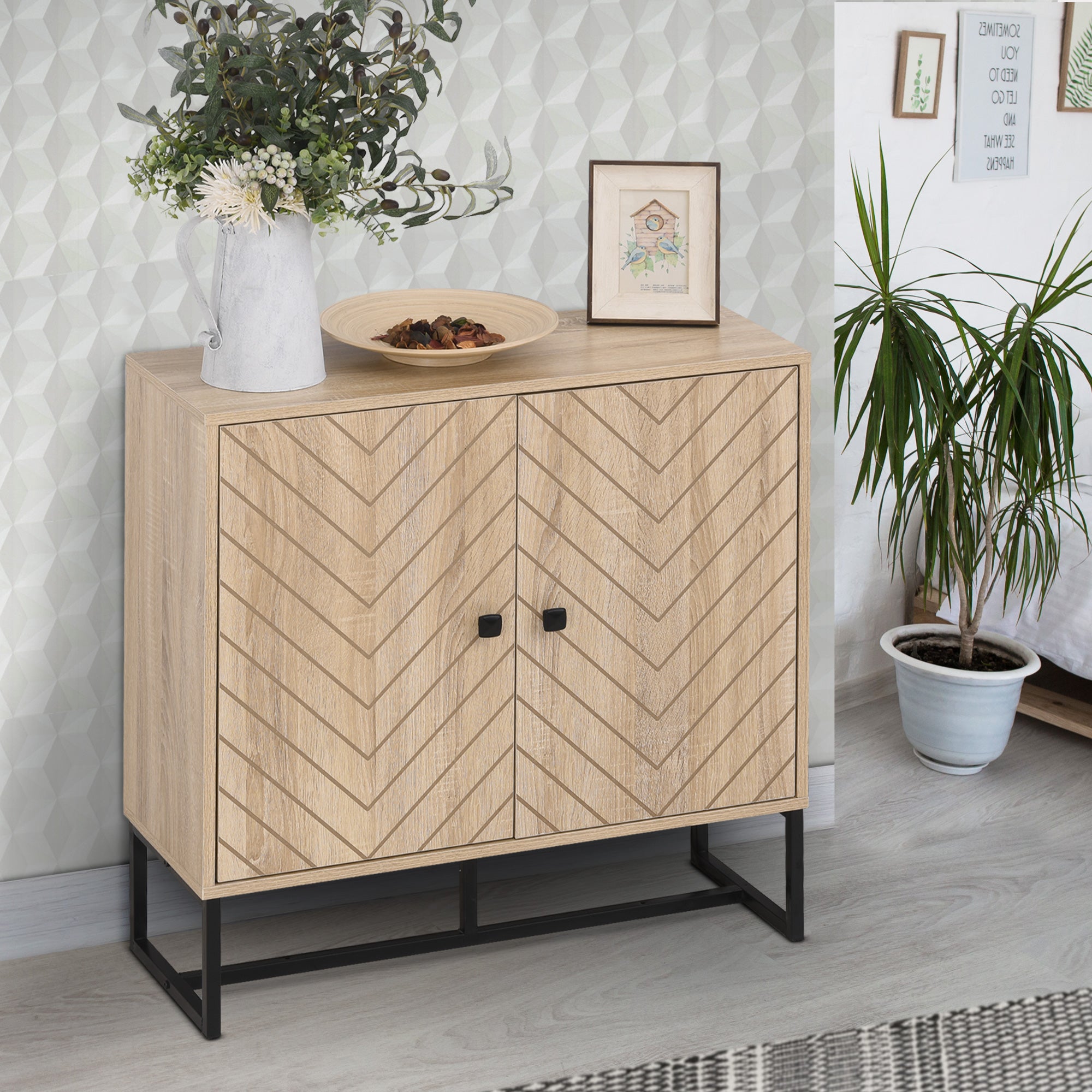 HOMCOM MDF 2-Tier Storage Cabinet Steel Frame Handles Tabletop Unique Home Style Organiser, 80H x 80L x 29.5Wcm-Oak 